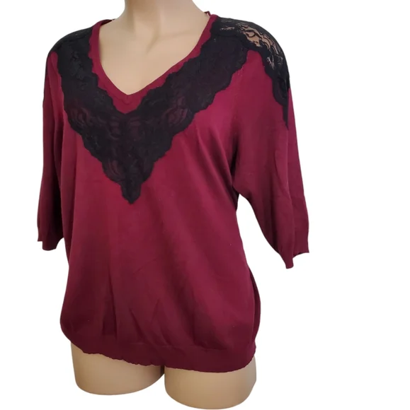 Lane Bryant Black Lace Trim V Neck 3/4 Sleeves Sweater Women's Sz 26/28 Pre-Own - Picture 3 of 11